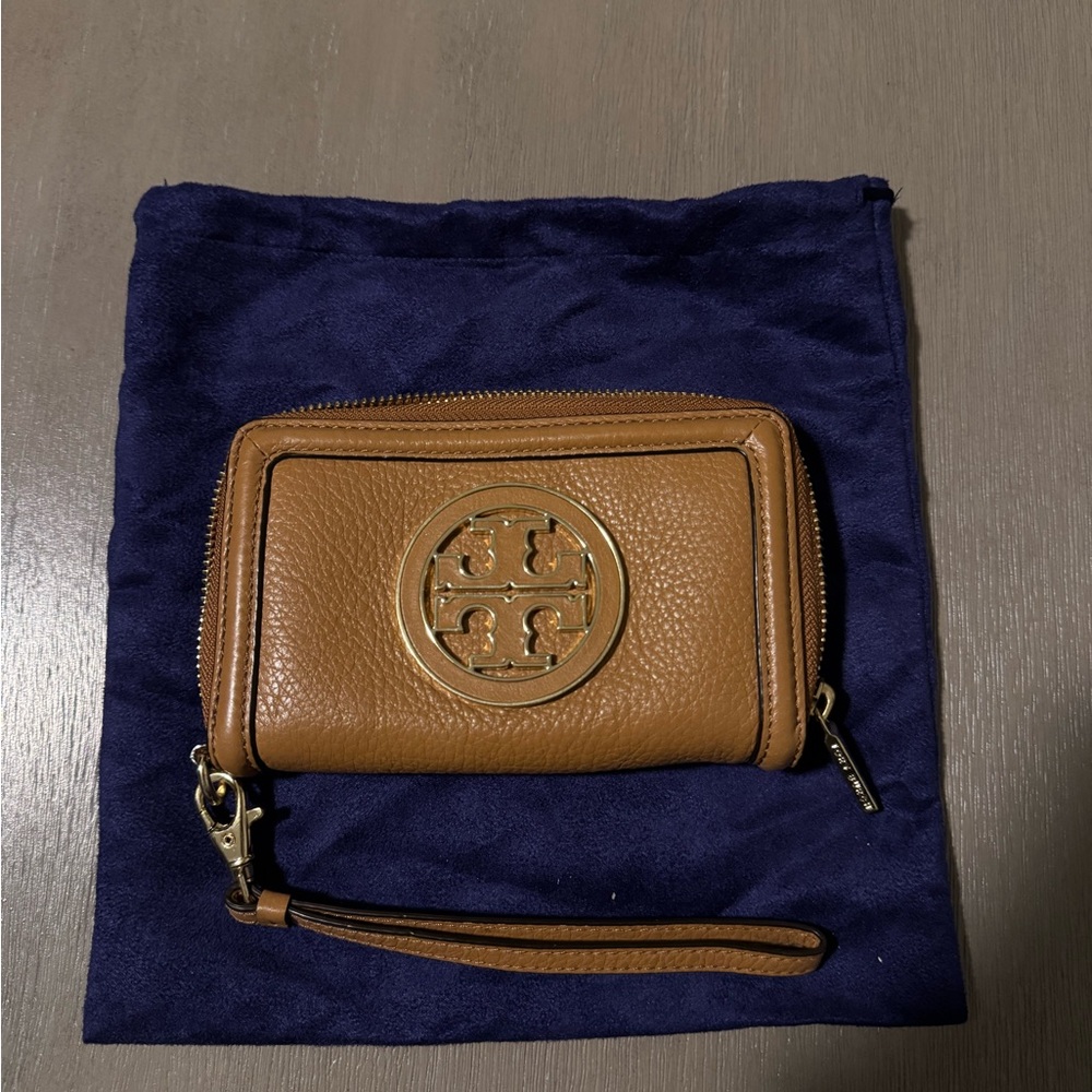 Tory Burch Brown Leather Wristlet with Gold Accent